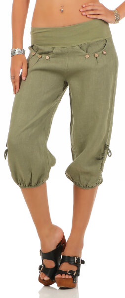 Capri Hose aus Leinen Stoffhose 6302 (oliv, L)