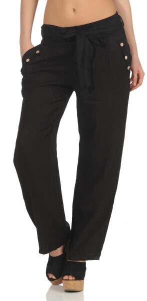 feine Leinen Hose mit Gürtel 8174 (schwarz, M)