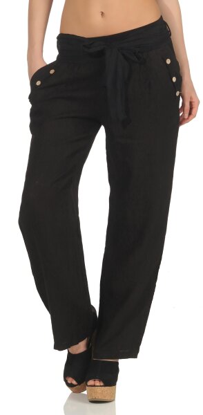 feine Leinen Hose mit Gürtel 8174 (schwarz, L)