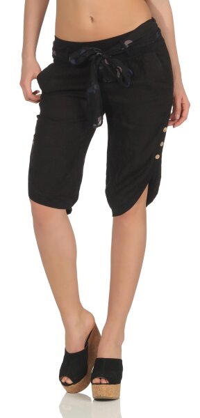 kurze Leinen Hose mit Gürtel Unifarben 8186 (schwarz, S)