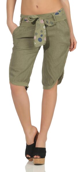 kurze Leinen Hose mit Gürtel Unifarben 8186 (oliv, M)