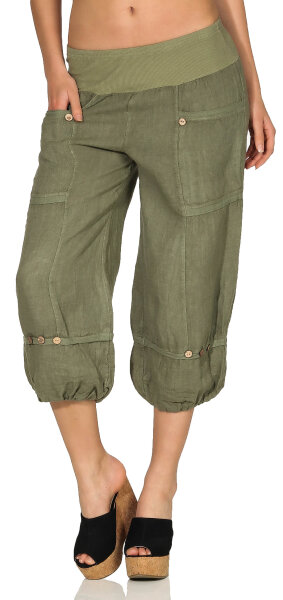 Capri Hose aus Leinen in Unifarben 1575 (oliv, L)